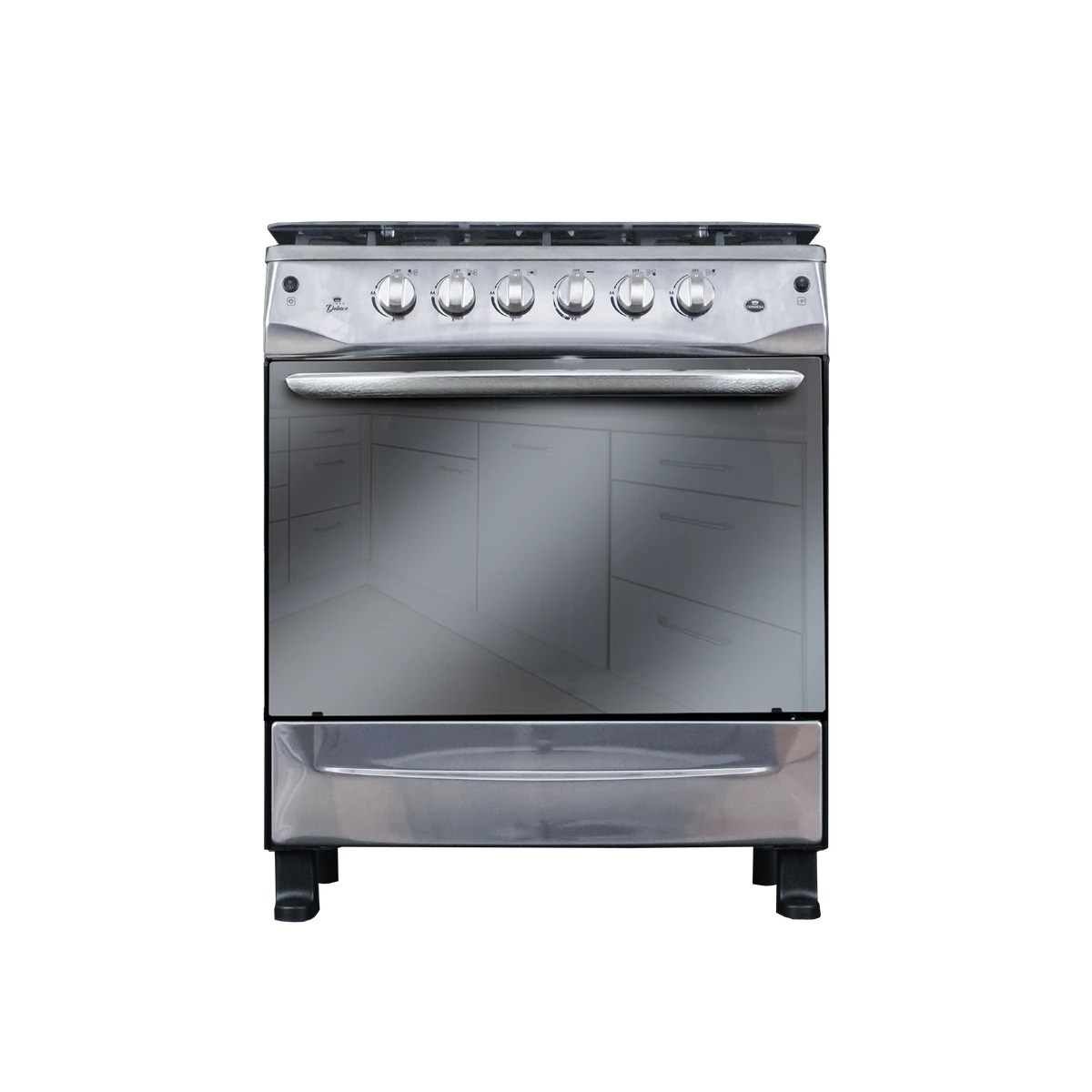 Cocina a gas de acero inoxidable con horno de vidrio, vista frontal