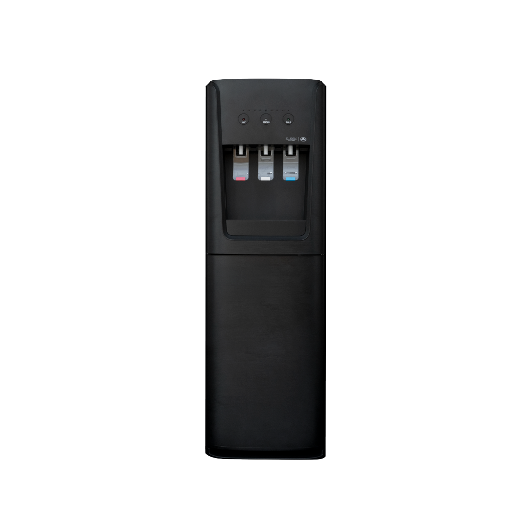 Dispensador de agua negro con tres salidas, vista frontal