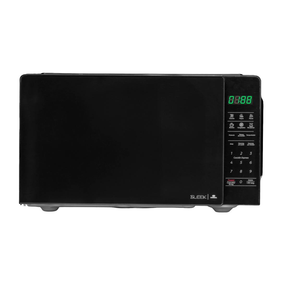 Microondas negro con panel digital, vista frontal